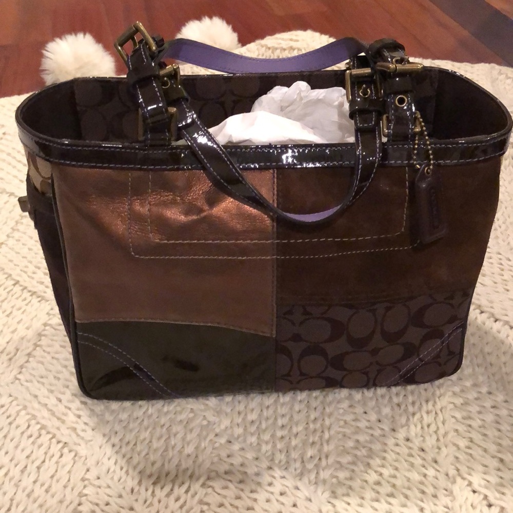 Brown suede, bronze Coach shoulder bag